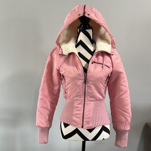 Guess Pink Y2K Bomber Coat with White Faux Fur Hood